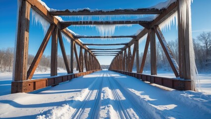 Prisoners' handiwork: wooden bridge ruins in a frozen forest during Soviet-era highway development.