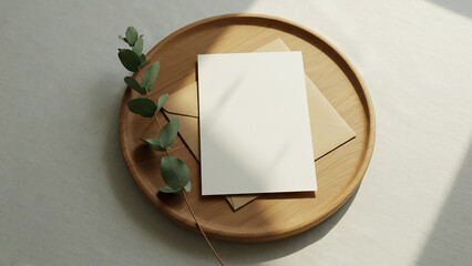 Wooden Plate and White Invitation Card Mockup with Eucalyptus Branch