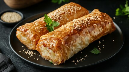 Delicious golden brown pastry rolls with sesame seeds and cheese filling eat food dish meal dark