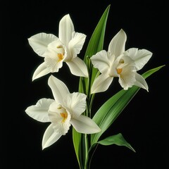 Naklejka premium Three elegant white orchids against a black background.