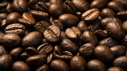 Obraz premium Top view background of aromatic brown coffee beans scattered on surface