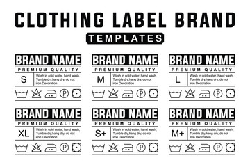Editable Clothing Brand Neck Label Templates. Size Tags  with Fabric Composition, Wash Symbols, and Care Instructions. Vector Design for Fashion Branding