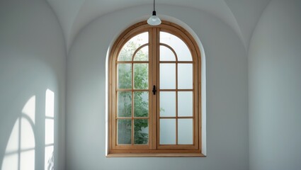Fototapeta premium Wooden arched window set against a clean white wall with vibrant greenery visible outside