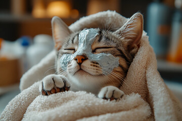 Sassy kitten enjoying a relaxing spa day with face mask, fluffy robe, and paw polish treatment for a pampered and luxurious experience