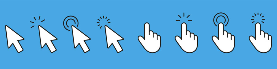 Cursor Pointer And Click Solid Icon Set. Hand And Arrow Interaction Silhouette Symbol Collection. Isolated Vector Illustration
