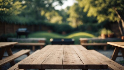 Empty wooden board with blurred grill background