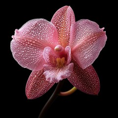 Fototapeta premium Beautiful pink orchid with dew drops against a black background, showcasing elegance.