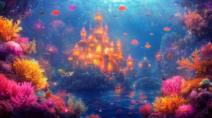 Underwater Fantasy Castle Amidst Vibrant Coral Reef