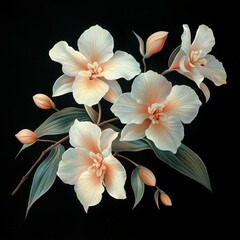 Fototapeta premium Delicate white orchids with soft peach accents on a dark background.