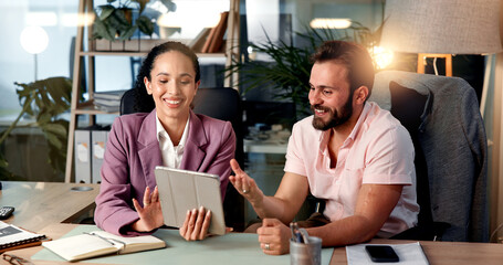Discussion, tablet and business people in office for planning, meeting and collaboration for...