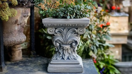 Obraz premium Grey Stone Planter with Carved Detail