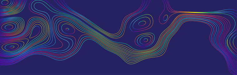 Abstract Vector Illustration of Colorful Contour Lines on a Dark Background, Representing Fluidity and Flow in Artistic Graphic Design