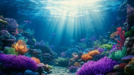 Obraz premium Vibrant Underwater Coral Reef Scene with Sunlight