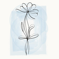 Abstract Line Art Flower on Watercolor Background