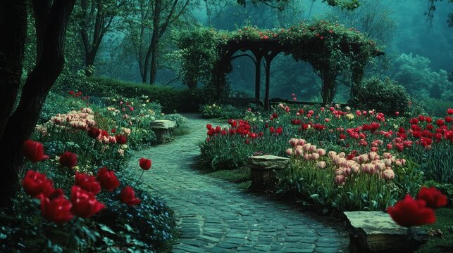 A beautiful garden path surrounded by vibrant flowers and trees