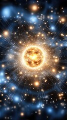 Obraz premium A vibrant cosmic energy field radiates outward from a glowing atom core, showcasing a breathtaking display of stellar particles and swirling nebulae in a deep space background.