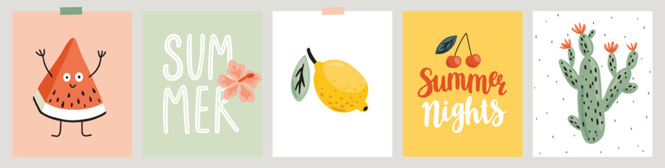 Summer card set. Posters and prints for your design. Hello Summer, I Love You Summer, food, drinks, ice cream, fruits and other elements. Vector illustration. 