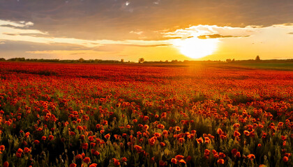 vast field of blooming red poppies stretches under dramatic sunset sky, with warm golden sunlight spreading across landscape, creating serene and vibrant scene