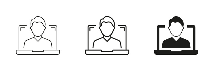 Man Line and Silhouette Icon Set on Laptop Screen. Online Communication or Video Call Icon. Online Conference or Remote Communication. Editable Stroke. Isolated Vector Illustration