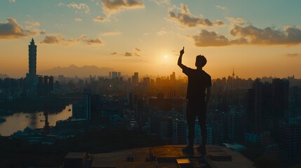 Fototapeta premium Silhouetted Man on Rooftop City Sunset Panorama Golden Hour View