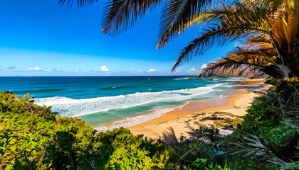 vibrant seaside scene with clear blue skies, lush greenery, and crystal clear waves rolling onto sandy beach. sunny day casts sharp shadows, enhancing tropical atmosphere