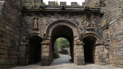 Fototapeta premium An ancient stone archway with weathered details leads to a pathway on a hillside, evoking a sense of history and architectural grandeur in a serene landscape.