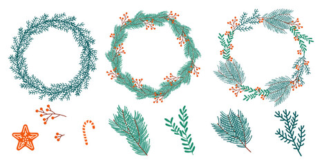 Christmas Wreaths and Holiday Decorative Elements. Collection of hand-drawn Christmas wreaths with pine branches, red berries, candy canes, and cookies for festive design projects.