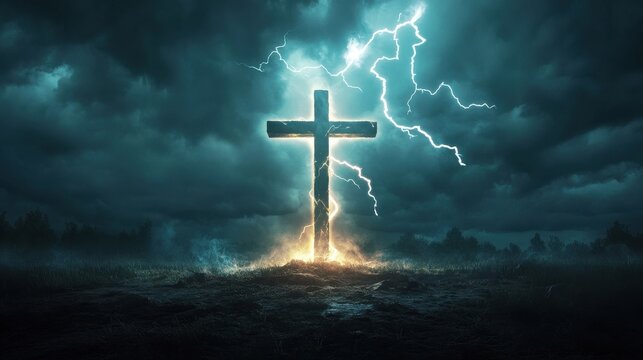 Lightning strikes the cross on which Jesus Christ was crucified. A dramatic depiction of a biblical story. AI Generative - Powered by Adobe