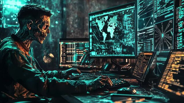 Zombie cryptocurrency miner working in a futuristic digital workspace at night, Zombie cryptocurrency miner in a high tech workspace, surrounded by digital screens and mining rigs