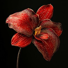 Fototapeta premium Close-up of a vibrant red orchid with intricate patterns against a dark background.