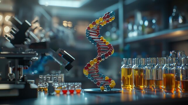 Colorful DNA model in a laboratory setting with test tubes and a microscope.