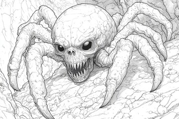 A menacing skull faced arachnid creature emerging from rocky terrain