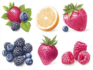 White background showcasing a cool set of citrus fruits and berries.