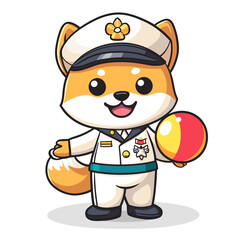 Cartoon vector illustration of a Shiba Inu in pilot uniform with a beach ball and sun hat icons on white background no shadow pastel summer theme

