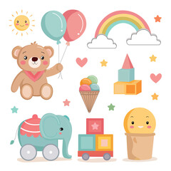 A vector illustration of a set of cute children's elements — a bear with balloons, an elephant, a rainbow, ice cream, blocks, a sun, and a cloud. Theme: children's set, cartoon, celebration.