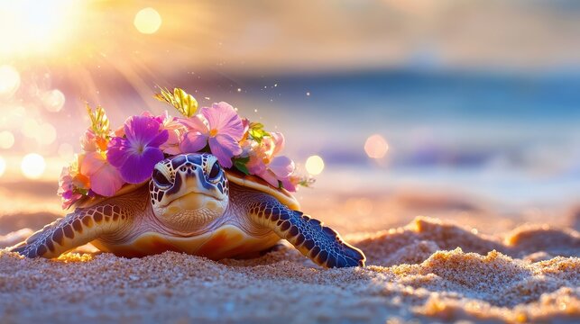 Adorable turtle in a mini floral hat crawling on sunlit sand, radiating a laid-back tropical mood