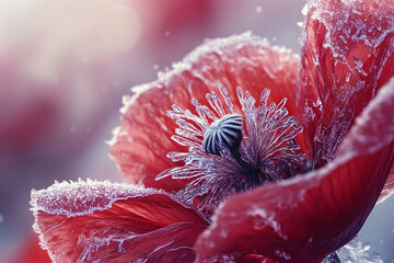 Close-up view of a frost-covered poppy flower in vibrant hues.