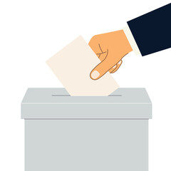 hand throws a ballot into the ballot box; promote civic education, encourage voter participation - vector illustration