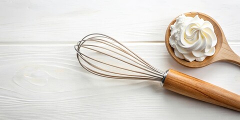 A wooden whisk isolated on a white background with a dollop of whipped cream on top, surrounded by a subtle kitchen utensil clutter , simple, wooden whisk