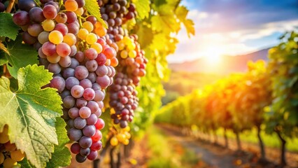 Aromatic bunch of ripe grapes cluster in a sunny vineyard just before October harvest, with lush green vines and a few leaves still attached , autumn harvest, grapes