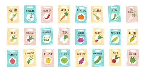 Fototapeta premium Set of vegetables seeds cliparts isolated on white. Gardening, healthy food and farming concept banner. Vector hand drawn template.