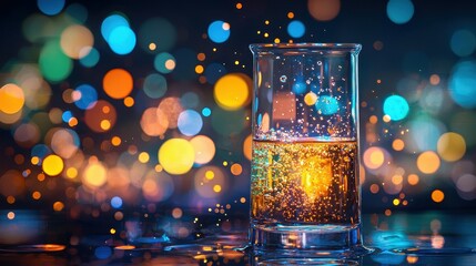 A vibrant cocktail in a glass, sparkling with bubbles against a colorful bokeh backdrop.