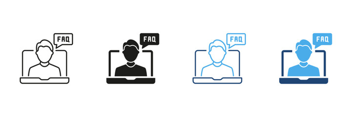 Online Faq Support Icon Set. Customer Assistance And Information Access Outline And Silhouette Symbol Collection. Digital Helpdesk And Virtual Guidance. Isolated Vector Illustration