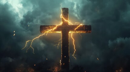 Lightning strikes the cross on which Jesus Christ was crucified. A dramatic depiction of a biblical story. AI Generative