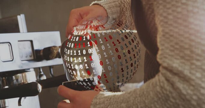 Barista hands steaming milk under steam wand, featuring floating digital binary code sphere