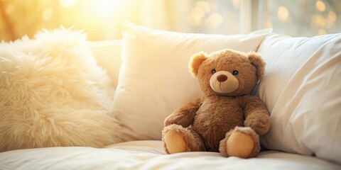 A cute teddy bear lying on a plush pillow with soft, white cushions and a subtle sheen to the fabric