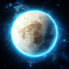 Obraz premium A planet in space that is a sublte beige colour with a bright blue aura glow around it