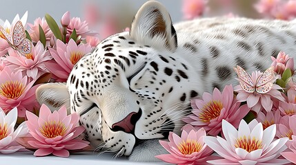 Obraz premium Serene Snow Leopard Sleeping Amidst Pink Water Lilies and Butterflies