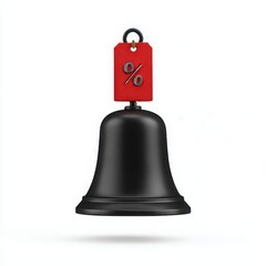 3d black bell with discount tag isolated on white background