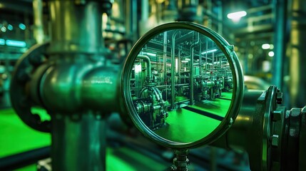 Industrial Facility: A Reflective View of Complex Machinery and Piping Systems